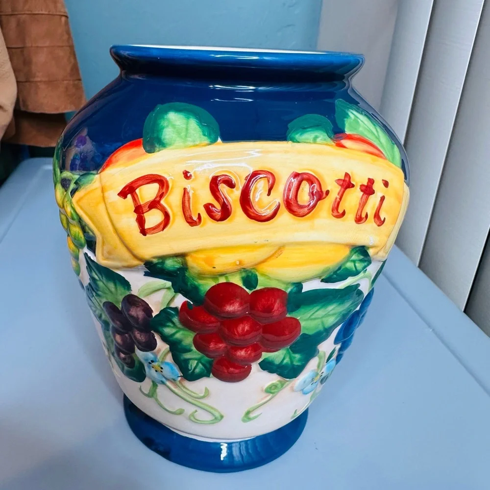 Vintage Nonnis Biscotti Cookie Jar Blue Hand Painted Tuscany Fruit flower Vase